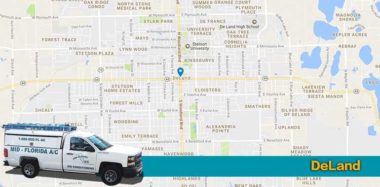 Map of DeLand, Florida with a Mid Florida A/C service vehicle, highlighting HVAC service area and contact information.