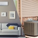Ductless mini-split air conditioning system mounted on a wall beside a cozy living room with a sofa and decorative pillows, alongside an outdoor condenser unit, illustrating efficient cooling solutions for homes.