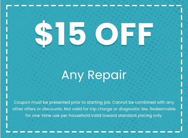 $15 off coupon for any HVAC repair service, featuring blue background and stippled design, emphasizing savings for Mid Florida A/C customers.
