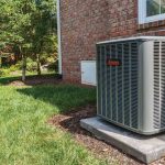 Air conditioning unit installed outside a brick house, surrounded by grass and trees, representing HVAC solutions for residential comfort in Florida.